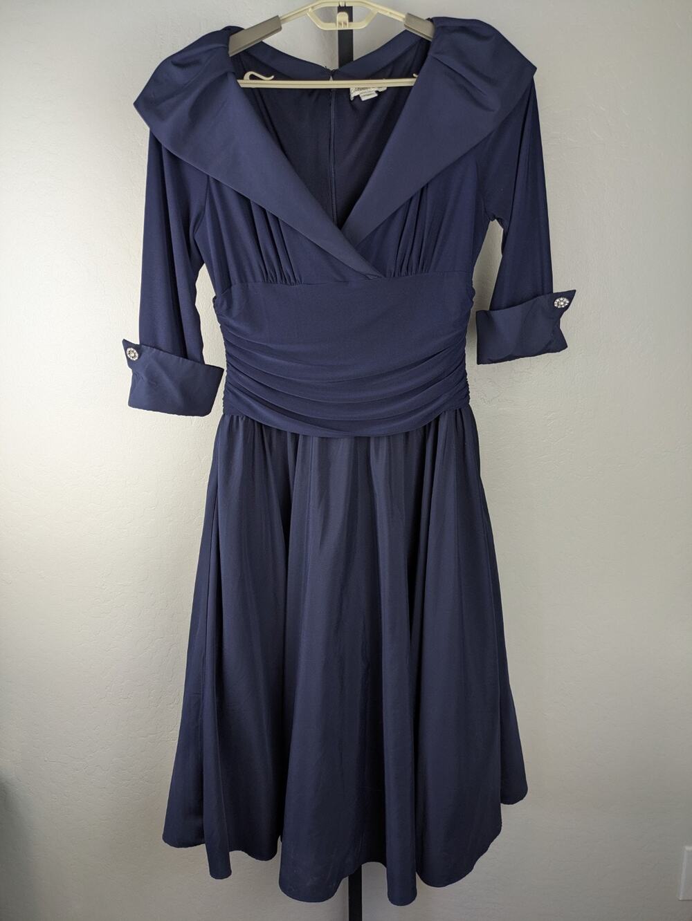 Coldwater Creek navy blue A-Line Midi Dress 3/4 Sleeve Portrait Collar